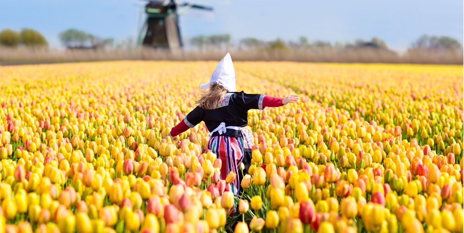 Child in tulip flower in Holland